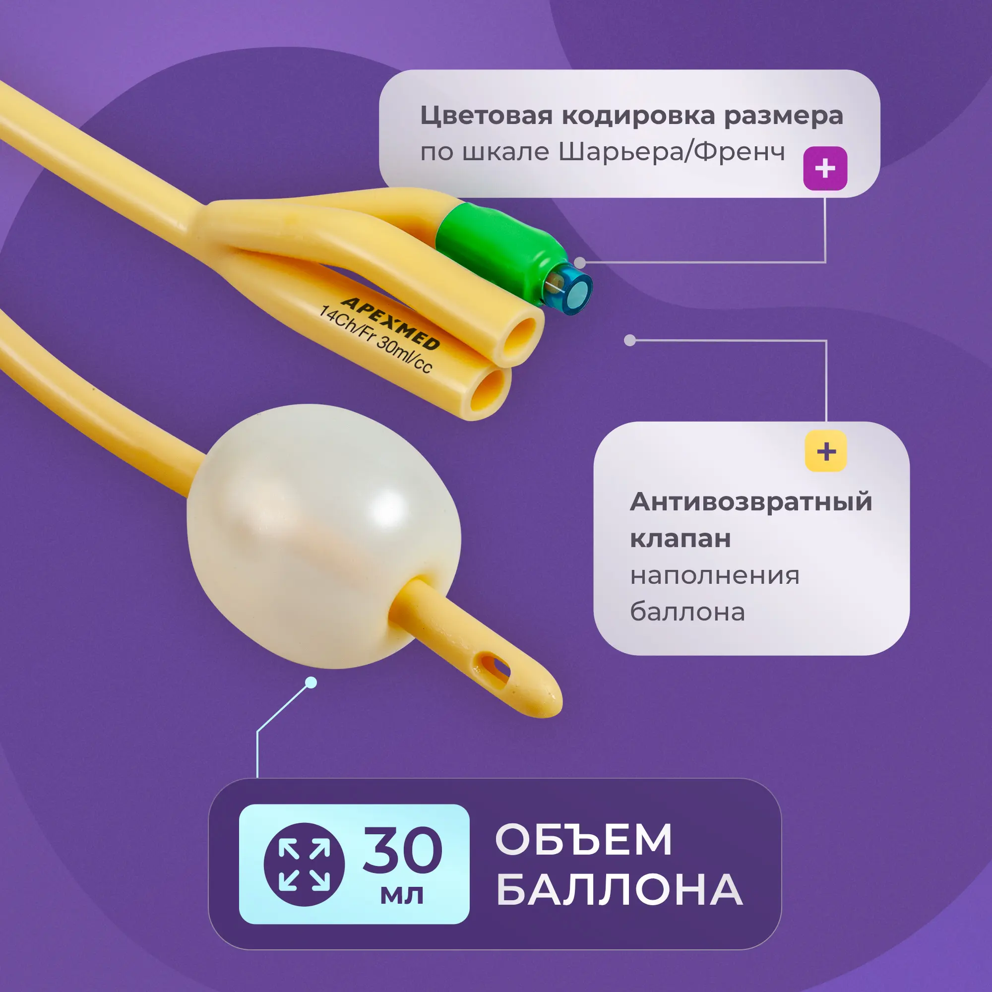 Катетер Фолея урологический Apexmed мужской Ch/Fr 14, трехходовой, уретральный