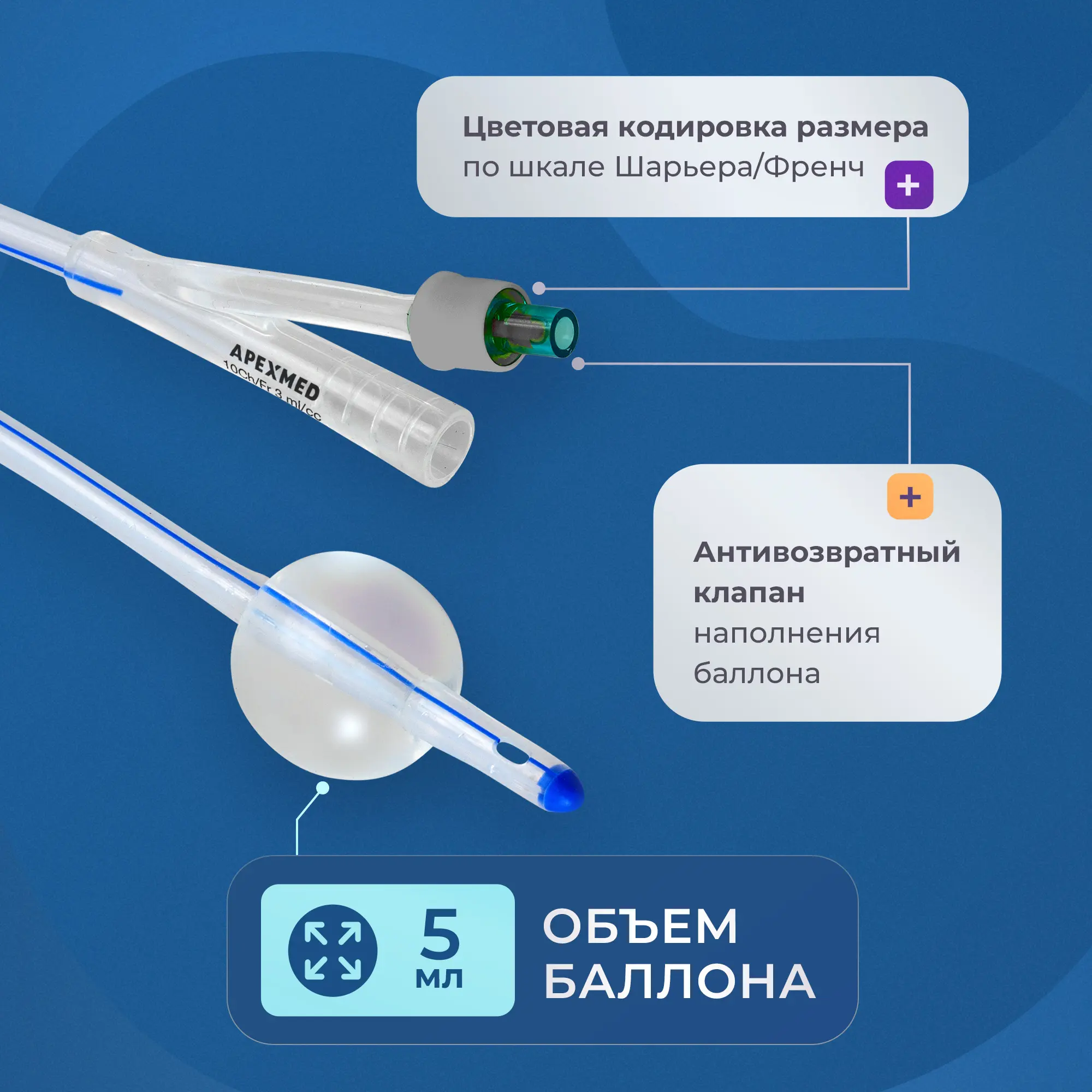 Катетер Фолея урологический Apexmed мужской, Ch/Fr 10, двухходовой, силиконовый, уретральный
