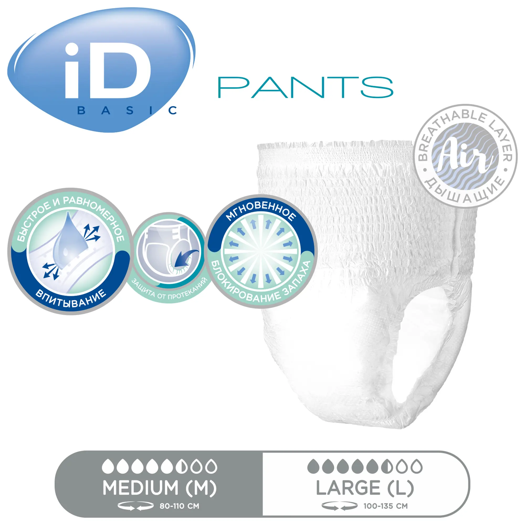 Подгузники-трусы для взрослых iD Pants Basic, размер M, объем талии 80-110, 10 шт, дышащие