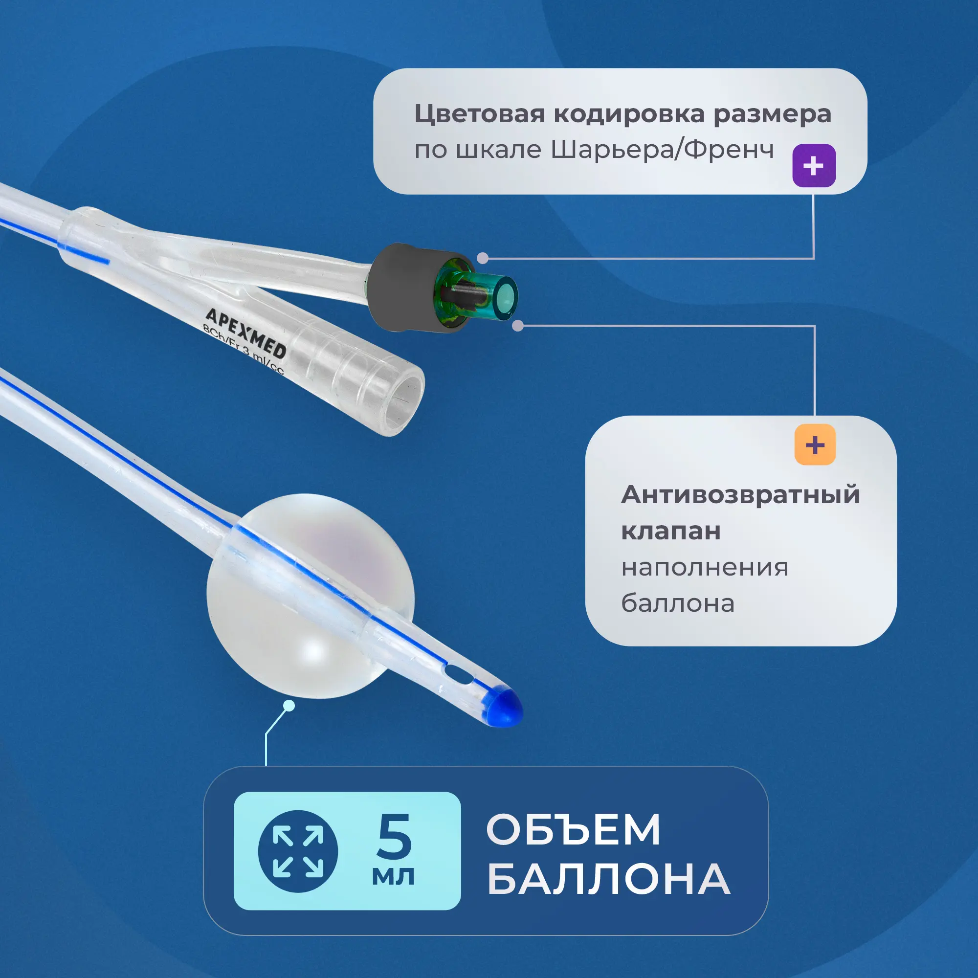 Катетер Фолея урологический Apexmed мужской, Ch/Fr 8, двухходовой, силиконовый, уретральный