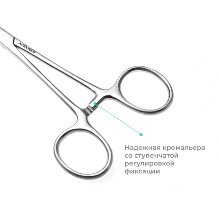 Зажим хирургический кровоостанавливающий Ochsner-Kocher (Кохера-Ошнера), изогнутый, 160 мм, Apexmed