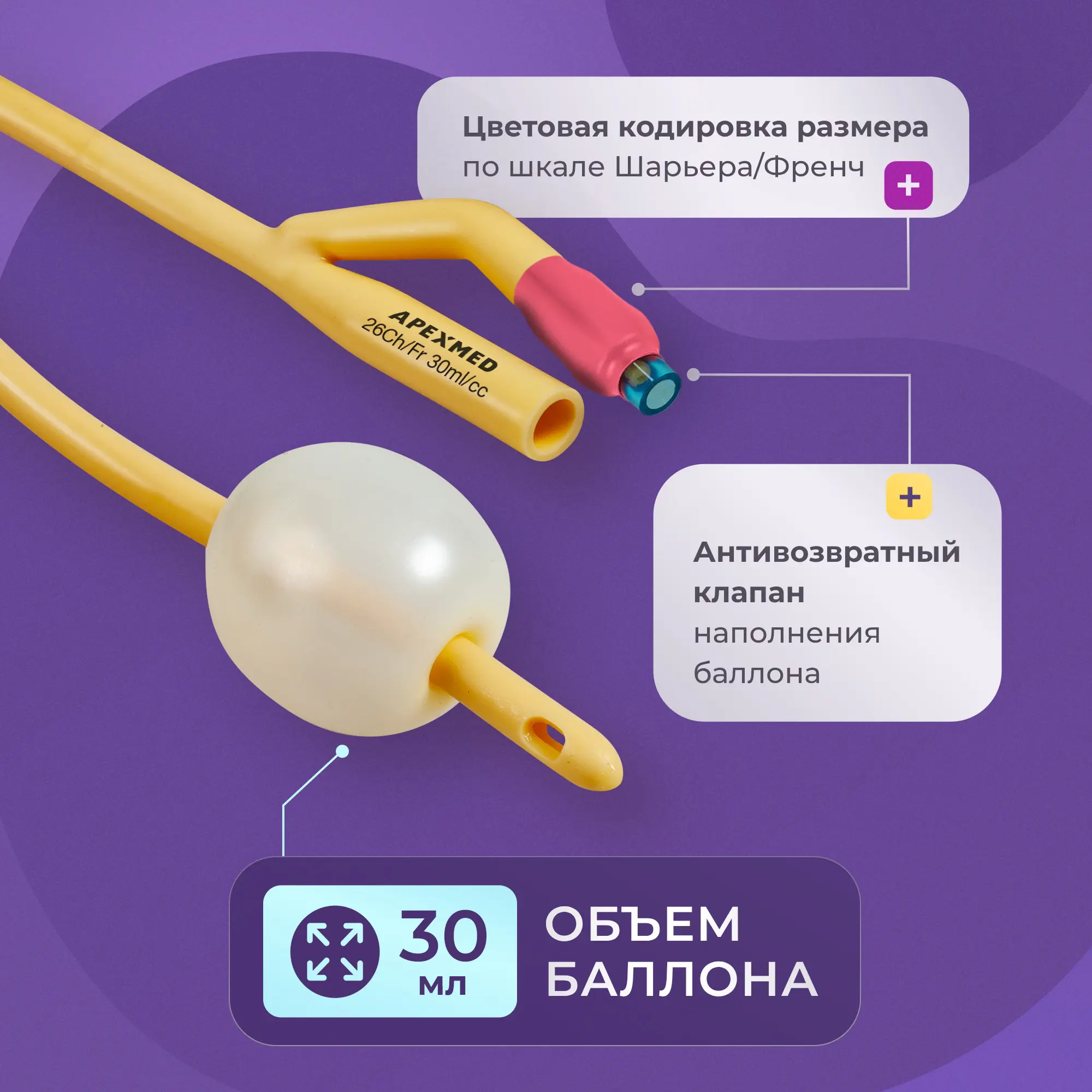 Катетер Фолея урологический Apexmed мужской Ch/Fr 26, двухходовой, уретральный