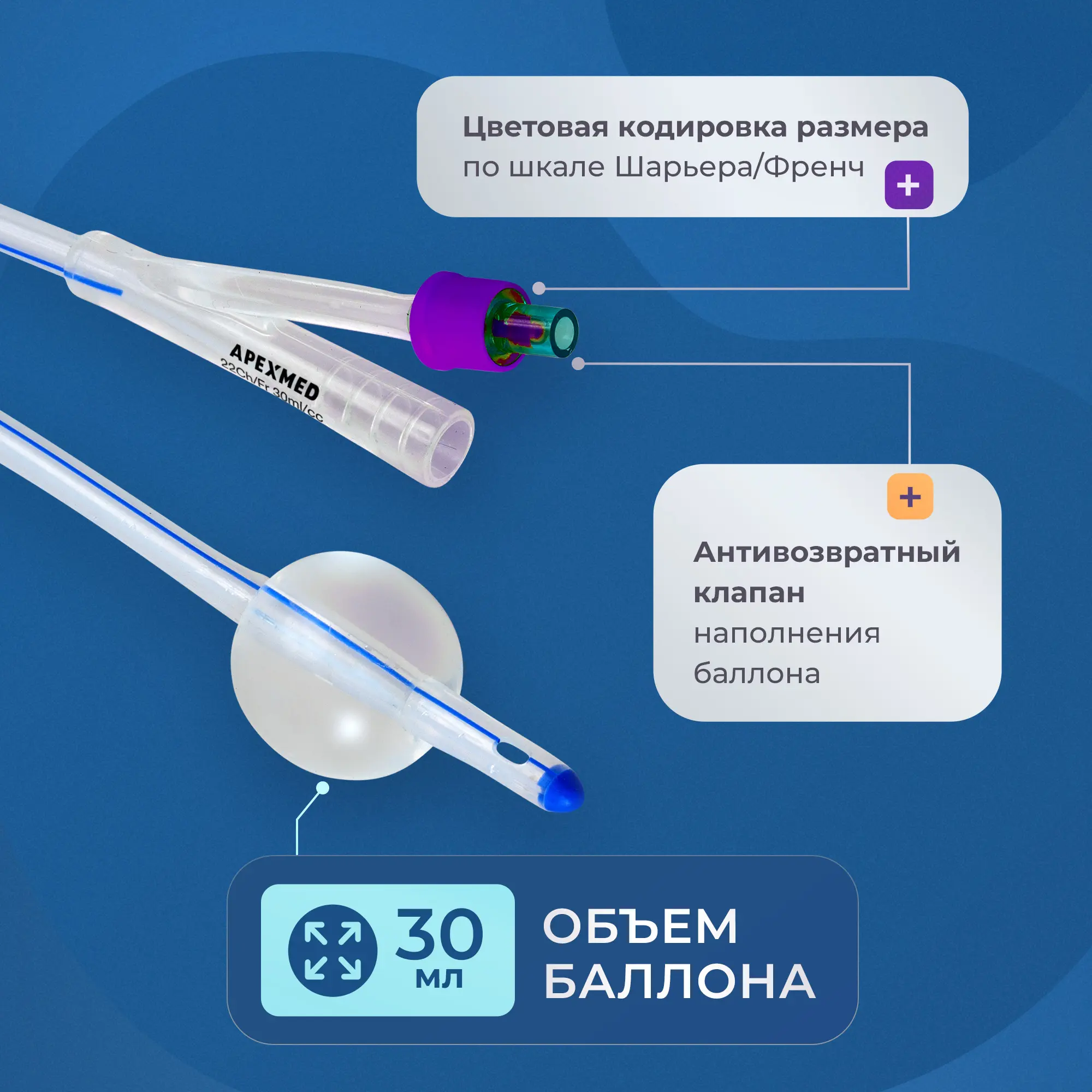 Катетер Фолея урологический Apexmed универсальный, мужской, Ch/Fr 22, двухходовой, силиконовый, уретральный