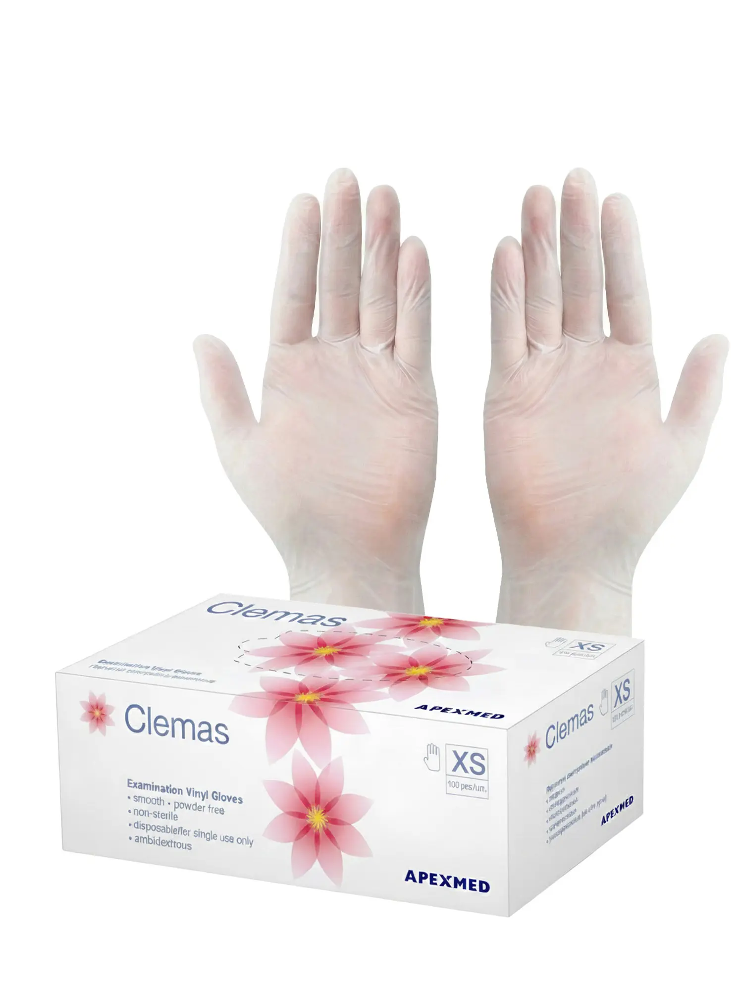 Перчатки медицинские Apexmed Clemas XS, виниловые, неопудренные, нестерильные, 100 шт