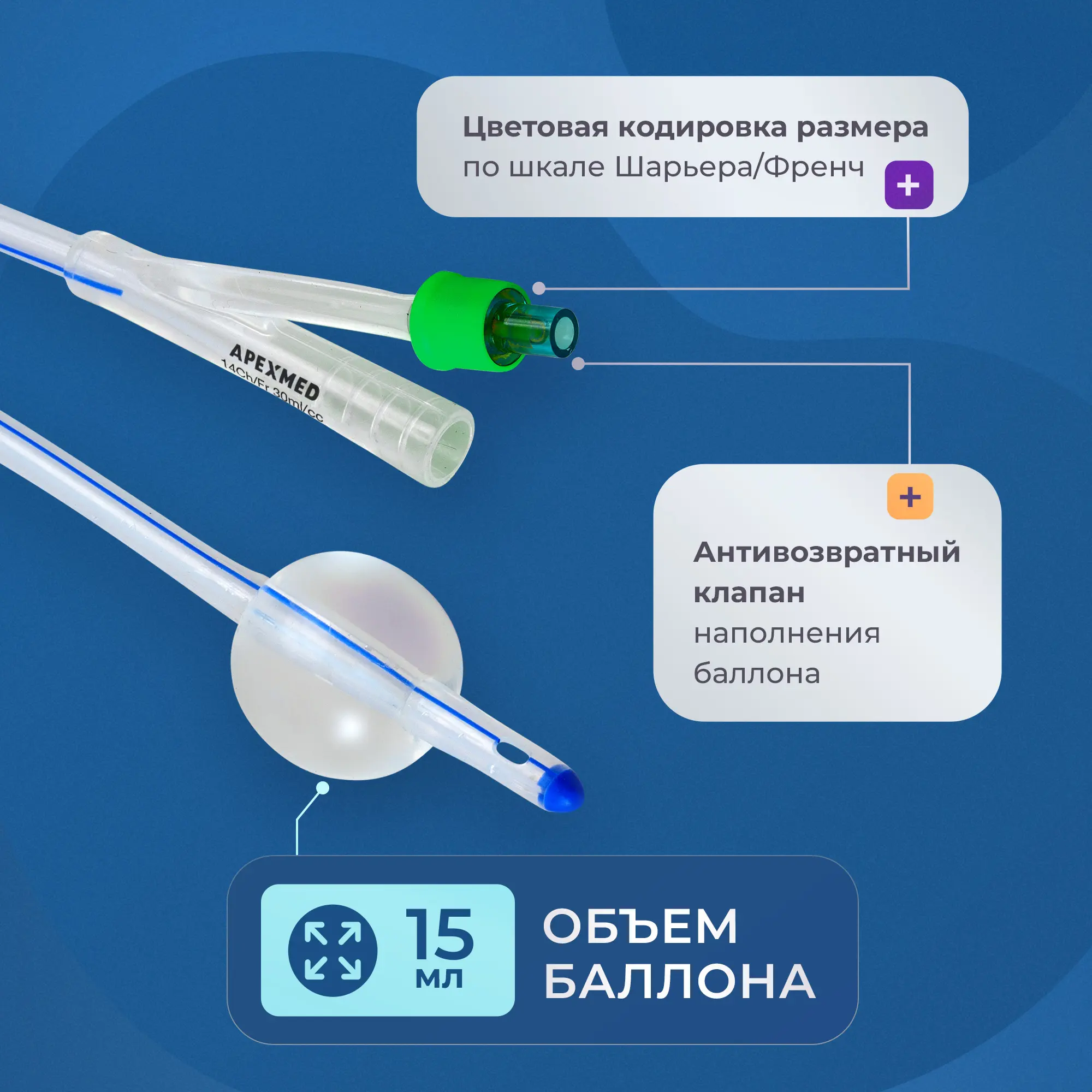 Катетер Фолея урологический Apexmed женский Ch/Fr 14, двухходовой, силиконовый, уретральный