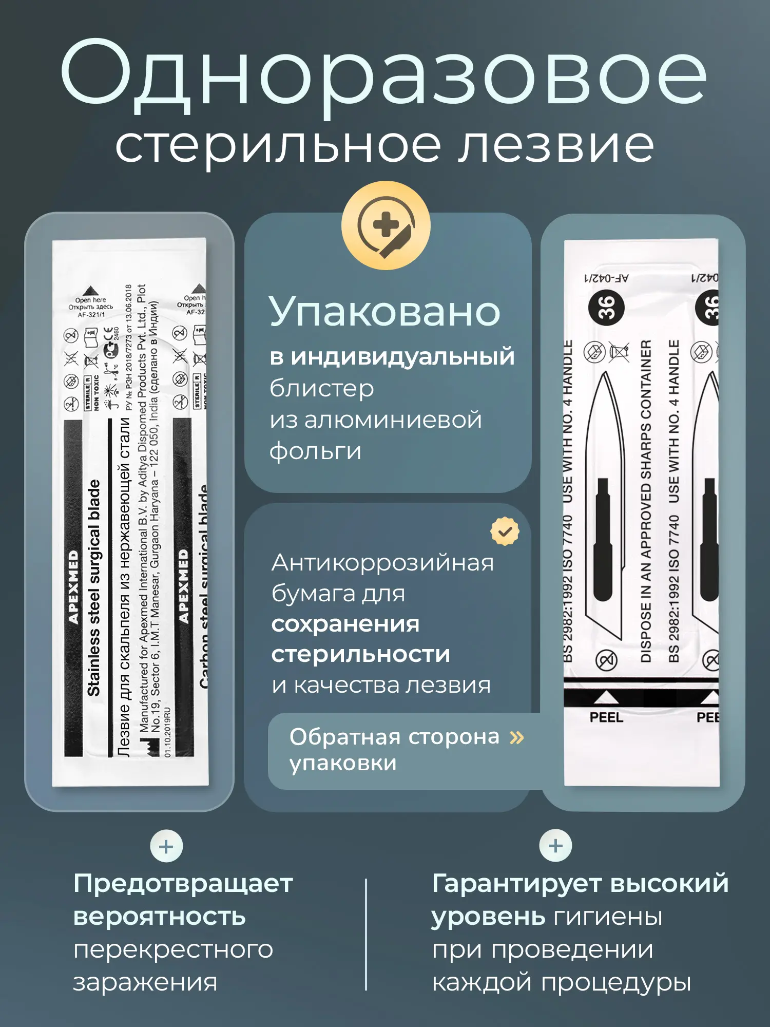 Лезвия для скальпеля Apexmed №36, из нержавеющей стали, 100 шт, хирургическое, стерильное