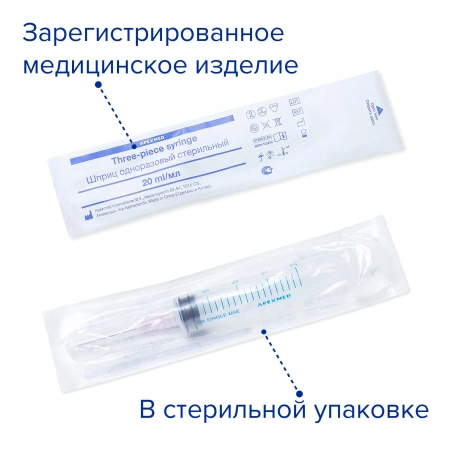 Шприц с иглой с креплением луер-лок, 20 мл, 50 шт, Apexmed