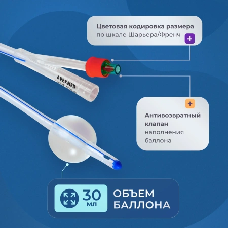 Катетер Фолея урологический Apexmed универсальный, мужской Ch/Fr 18, двухходовой, силиконовый, уретральный