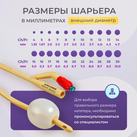Катетер Фолея урологический Apexmed мужской Ch/Fr 18, двухходовой, лубрицированный, уретральный