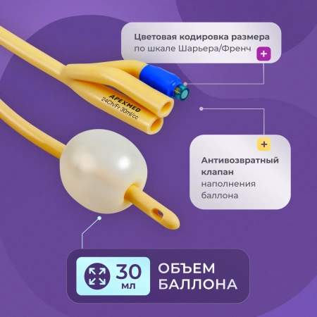 Катетер Фолея урологический Apexmed мужской Ch/Fr 24, трехходовой, уретральный