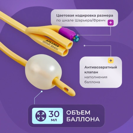 Катетер Фолея урологический Apexmed мужской Ch/Fr 22, трехходовой, уретральный