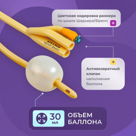 Катетер Фолея урологический Apexmed мужской Ch/Fr 16, трехходовой, уретральный