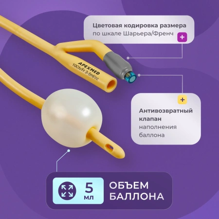 Катетер Фолея урологический Apexmed мужской, Ch/Fr 10, двухходовой, уретральный, детский