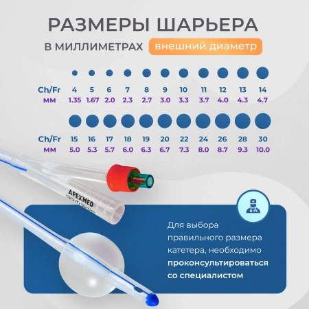 Катетер Фолея урологический Apexmed универсальный, мужской Ch/Fr 18, двухходовой, силиконовый, уретральный