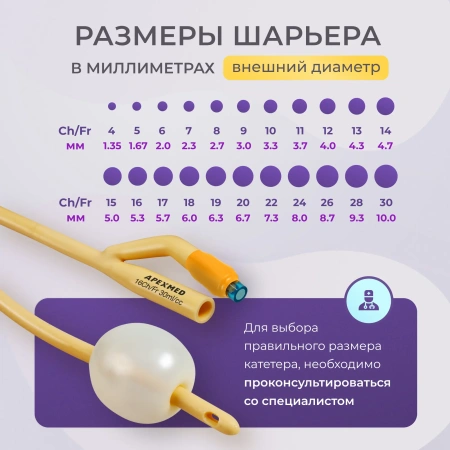 Катетер Фолея урологический Apexmed мужской Ch/Fr 16, двухходовой, лубрицированный, уретральный
