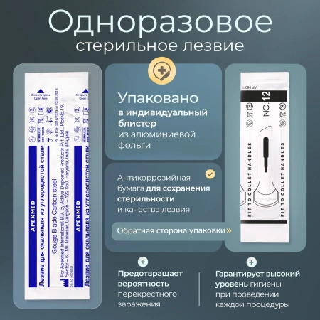 Лезвие полое для скальпеля Apexmed №12, подиатрическое, из углеродистой стали, 20 шт, стерильное