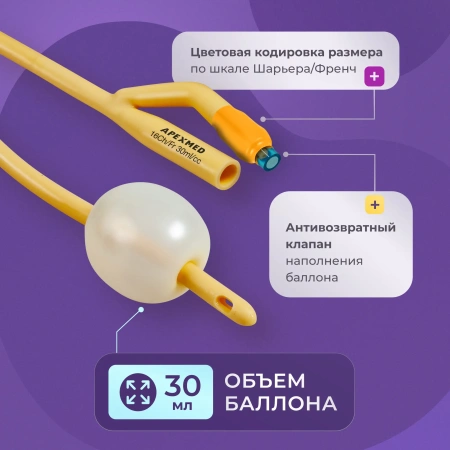 Катетер Фолея урологический Apexmed мужской Ch/Fr 16, двухходовой, лубрицированный, уретральный