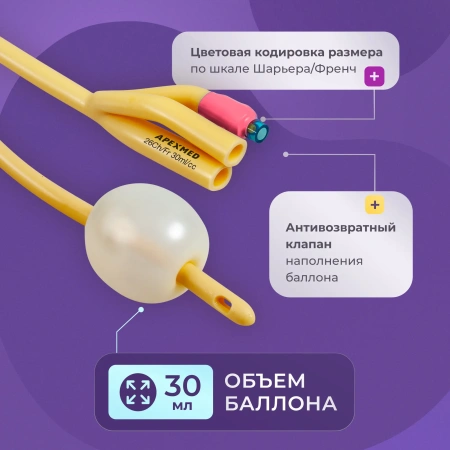 Катетер Фолея урологический Apexmed мужской Ch/Fr 26, трехходовой, уретральный