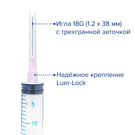 Шприц с иглой с креплением луер-лок, 20 мл, 50 шт, Apexmed