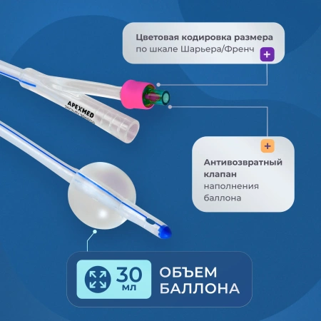 Катетер Фолея урологический Apexmed мужской, Ch/Fr 26, двухходовой, силиконовый, уретральный