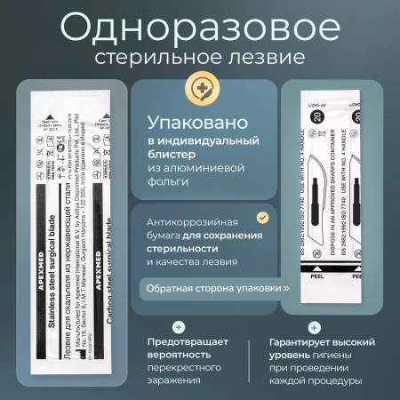 Лезвие для скальпеля Apexmed №20, из нержавеющей стали, 100 шт, хирургическое, стерильное