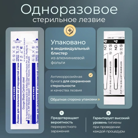 Лезвие полое для скальпеля Apexmed №4, подиатрическое, из углеродистой стали, 20 шт, стерильное